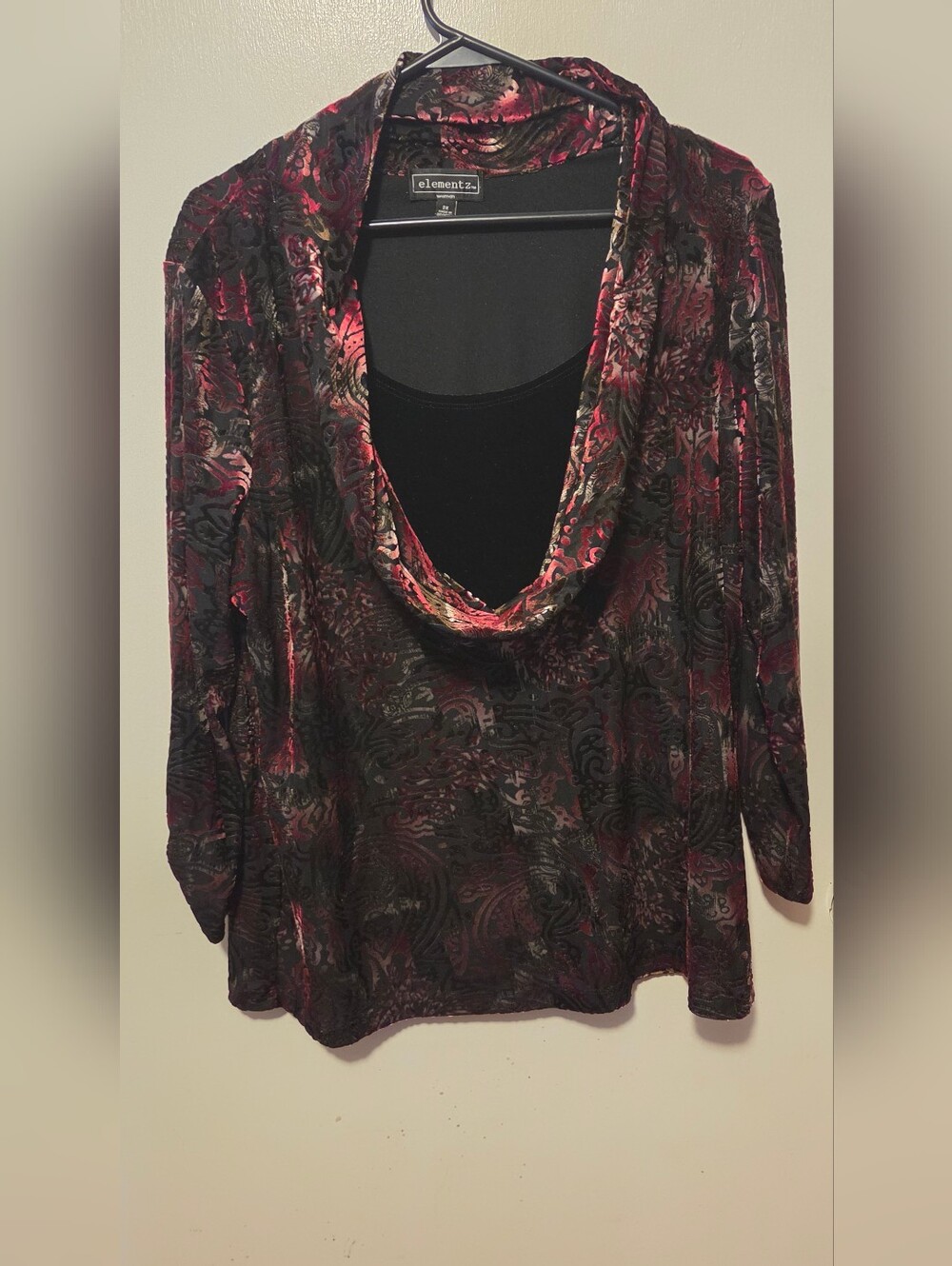 Elementz Black Velvet Burnout Cowl Neck Top with Pink Accents